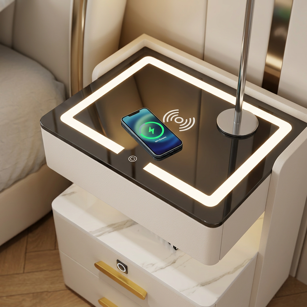 Nachttisch Velora mit kabellosem Laden, Bluetooth-Lautsprecher, LED-Beleuchtung und Fingerabdrucksperre