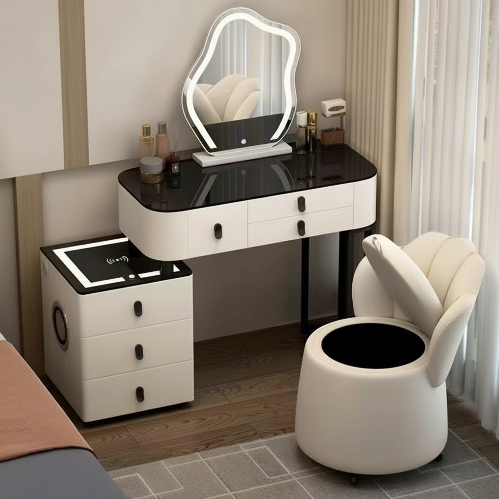 3-in-1-Schminktisch mit LED-Beleuchtung, kabelloser Ladefunktion und Bluetooth-Lautsprecher