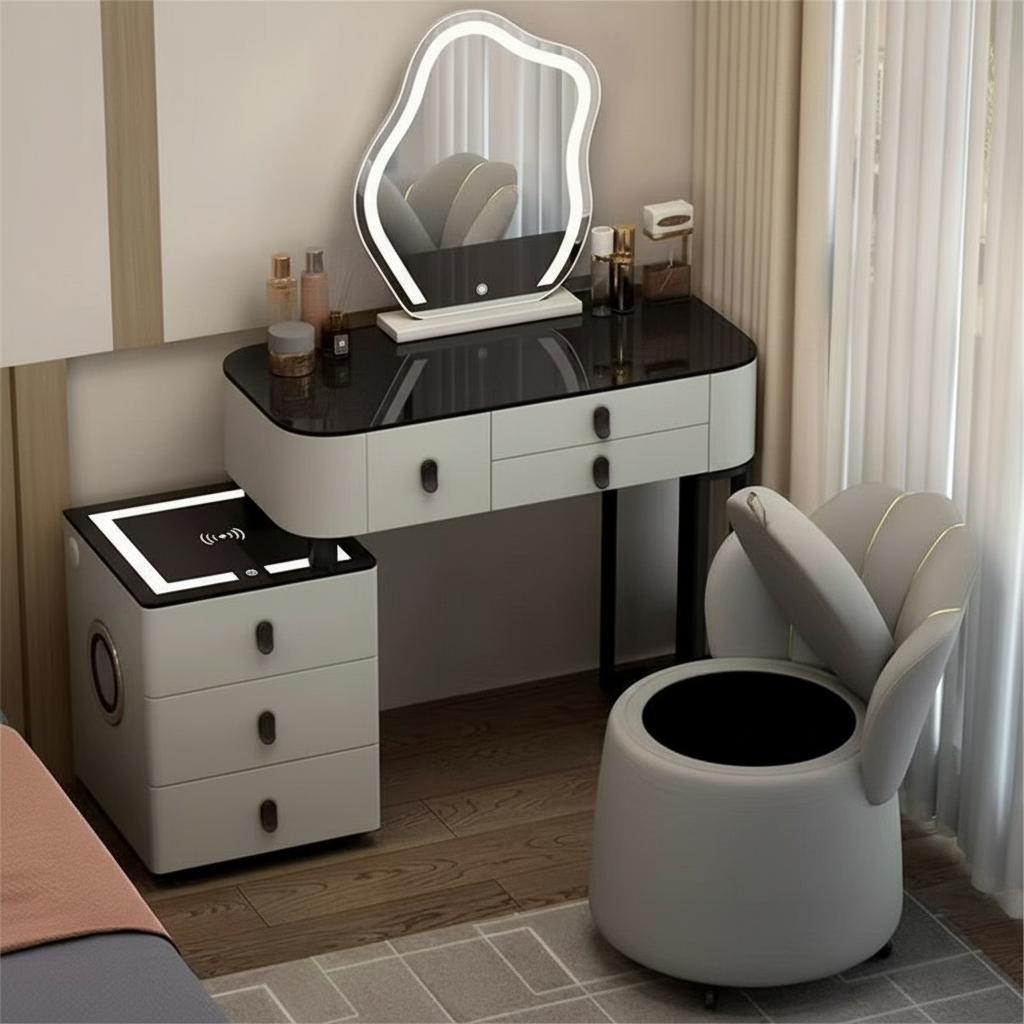 3-in-1-Schminktisch mit LED-Beleuchtung, kabelloser Ladefunktion und Bluetooth-Lautsprecher