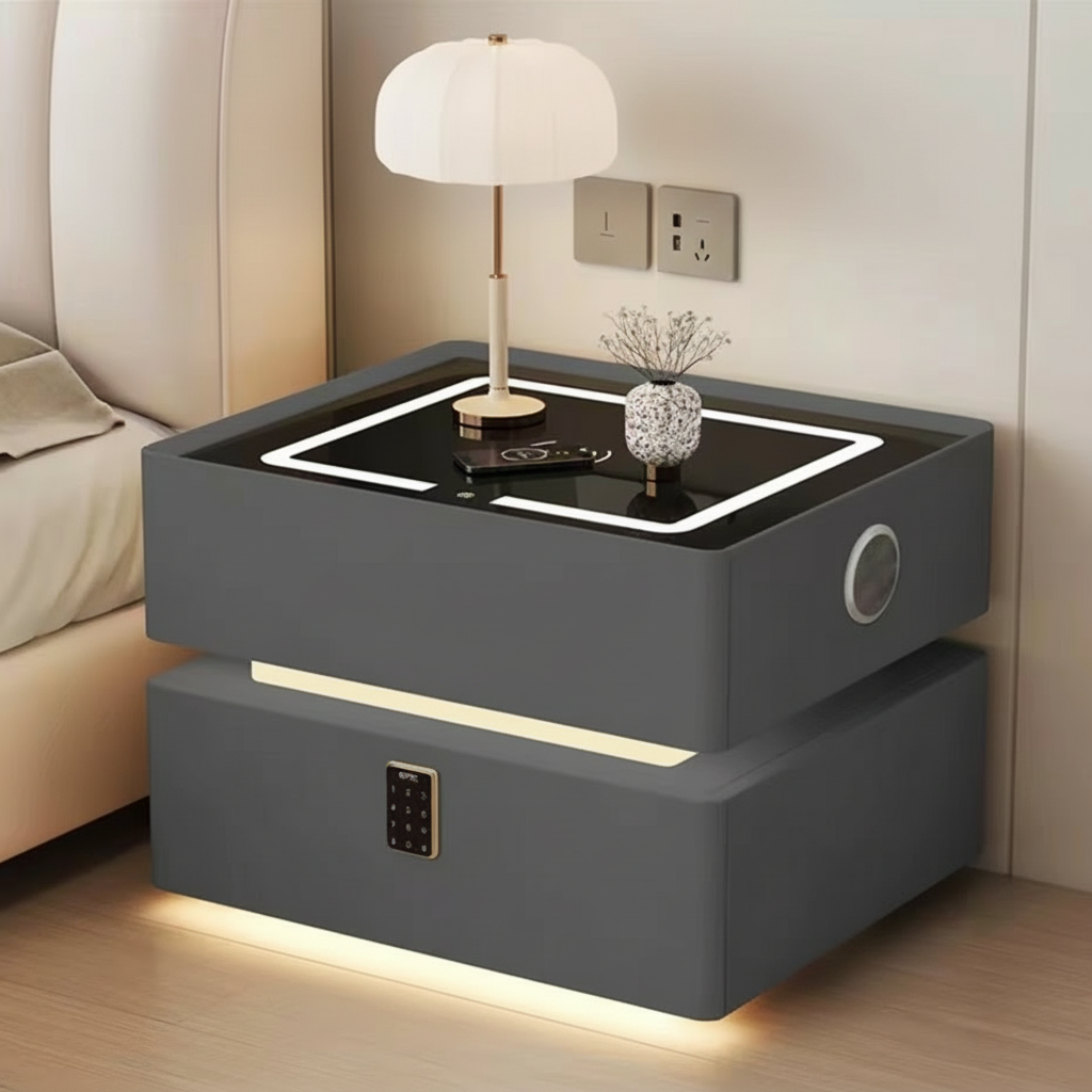 Lumo Bedside Table with Wireless Charging, Bluetooth Speaker, LED Lighting, and PIN Lock