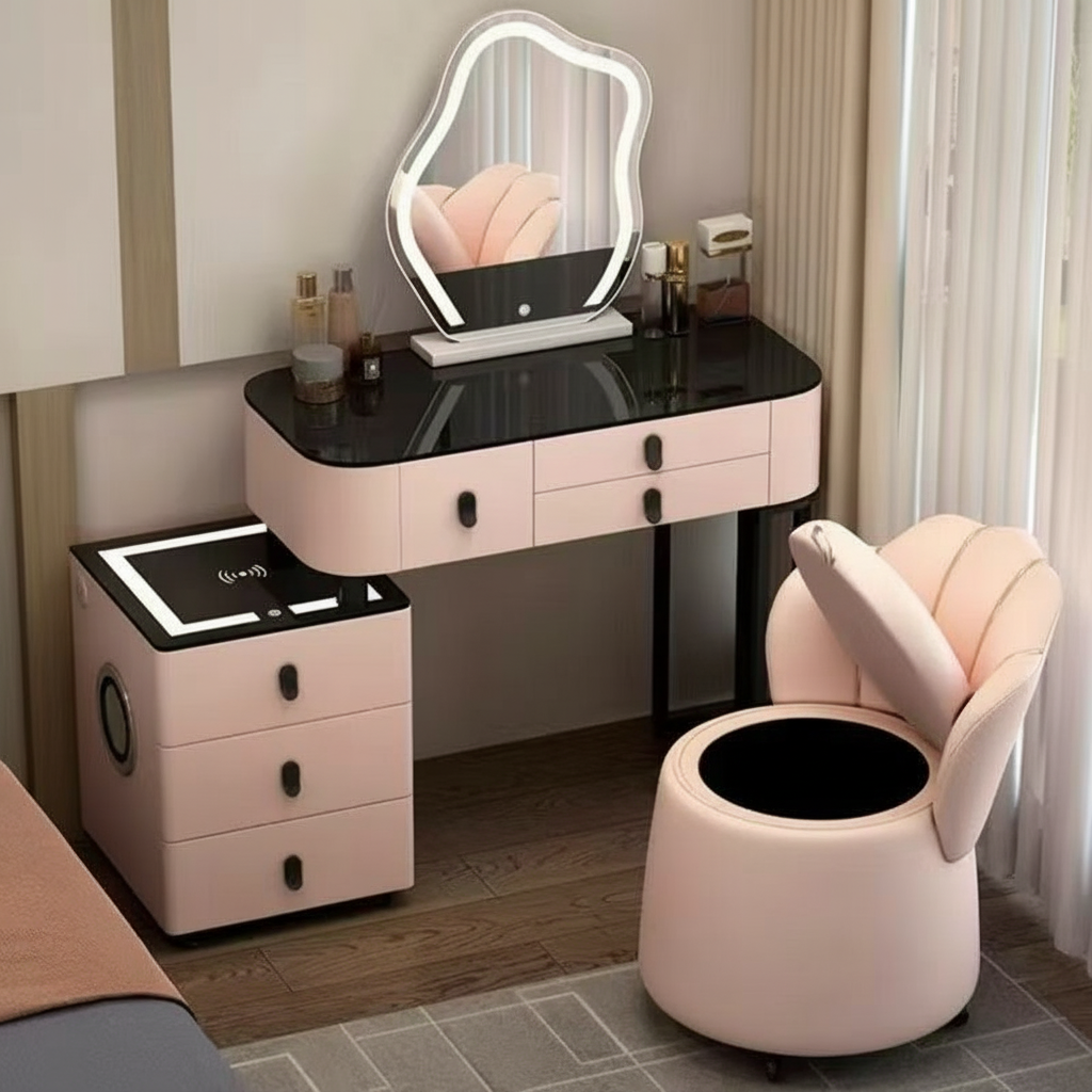 3-in-1-Schminktisch mit LED-Beleuchtung, kabelloser Ladefunktion und Bluetooth-Lautsprecher