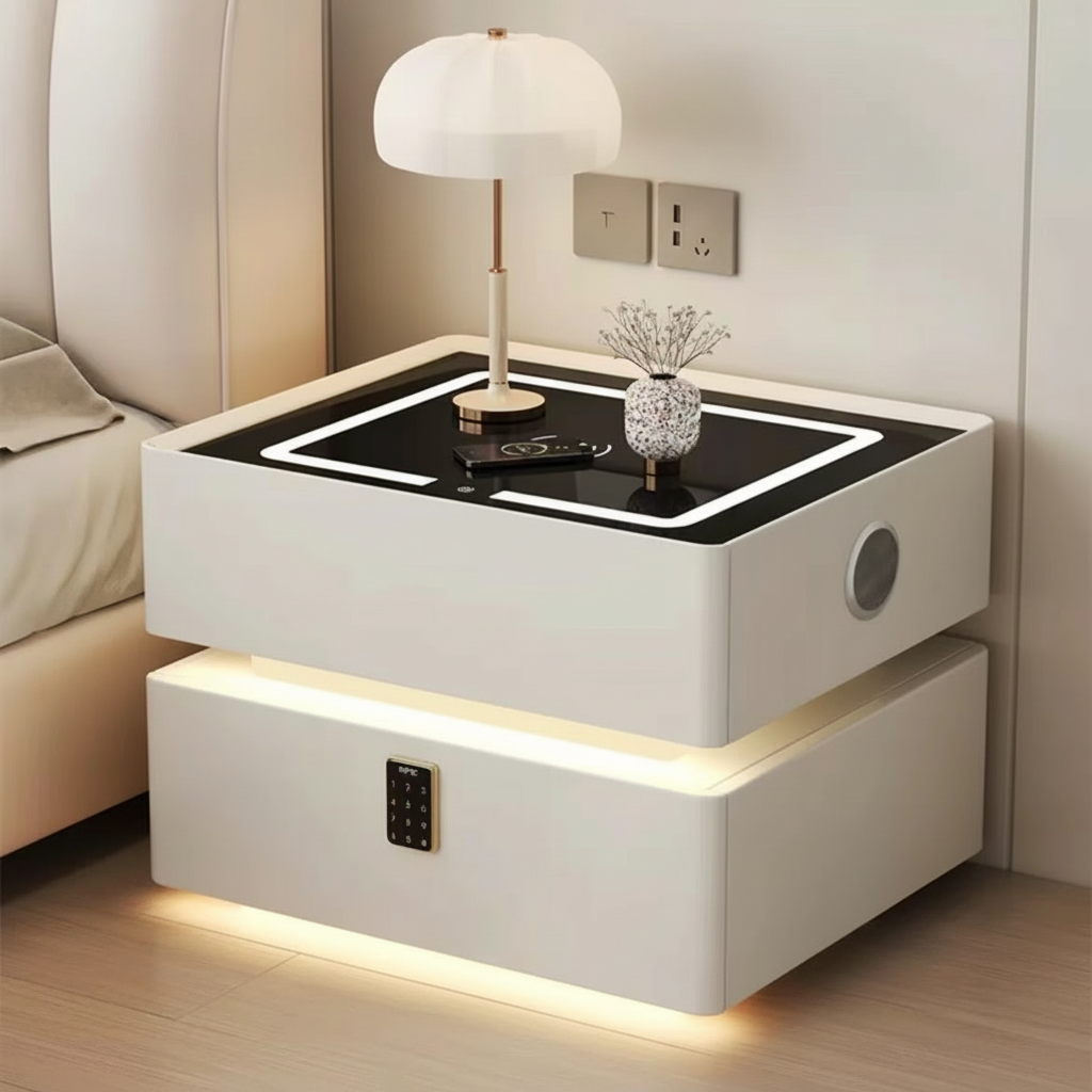 Lumo Bedside Table with Wireless Charging, Bluetooth Speaker, LED Lighting, and PIN Lock