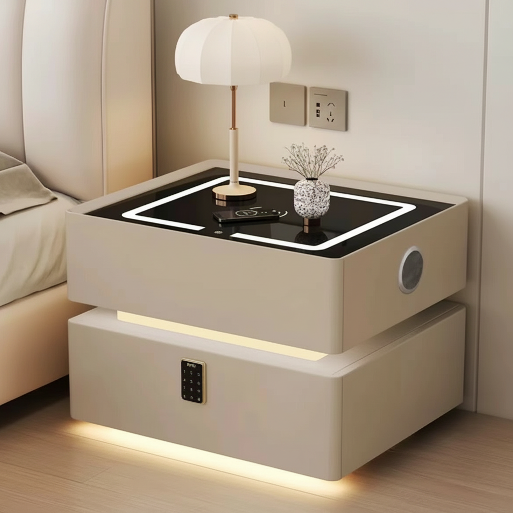 Lumo Bedside Table with Wireless Charging, Bluetooth Speaker, LED Lighting, and PIN Lock