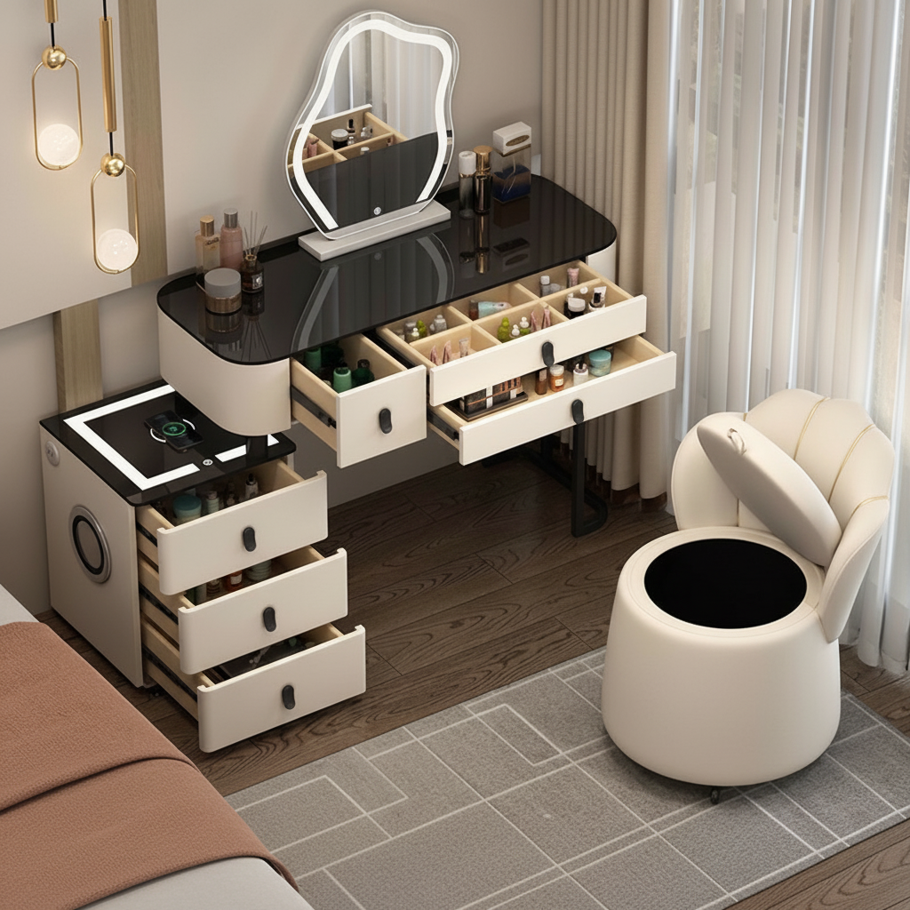 3-in-1-Schminktisch mit LED-Beleuchtung, kabelloser Ladefunktion und Bluetooth-Lautsprecher