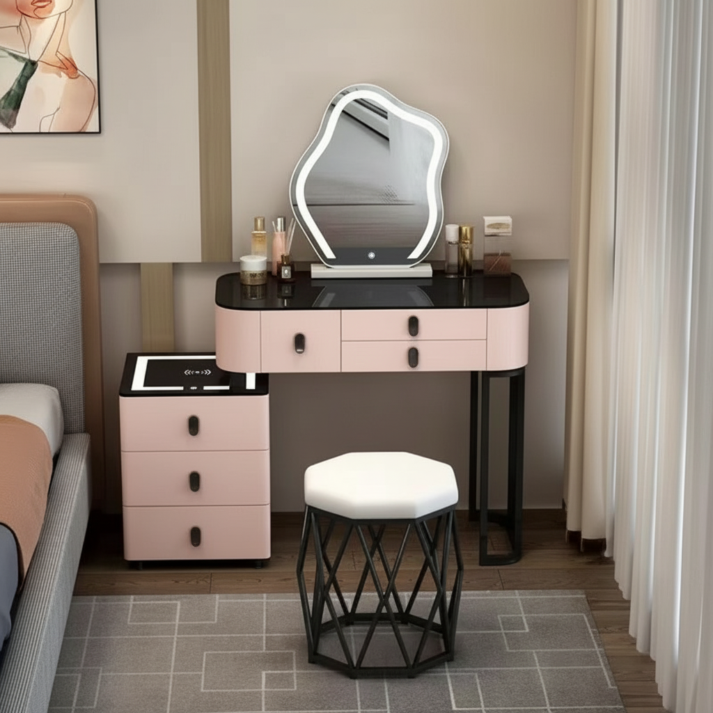 3-in-1-Schminktisch mit LED-Beleuchtung, kabelloser Ladefunktion und Bluetooth-Lautsprecher