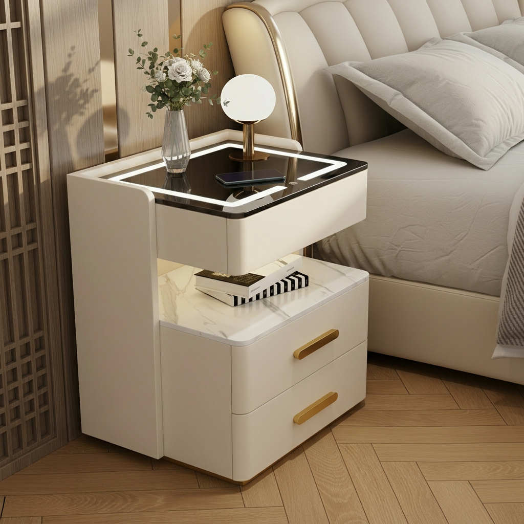 Nachttisch Velora mit kabellosem Laden, Bluetooth-Lautsprecher, LED-Beleuchtung und Fingerabdrucksperre