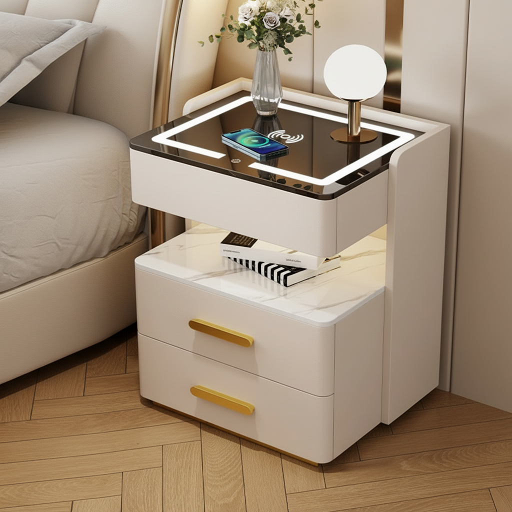 Velora Bedside Table with Wireless Charging, Bluetooth Speaker, LED Lighting, and Fingerprint Lock