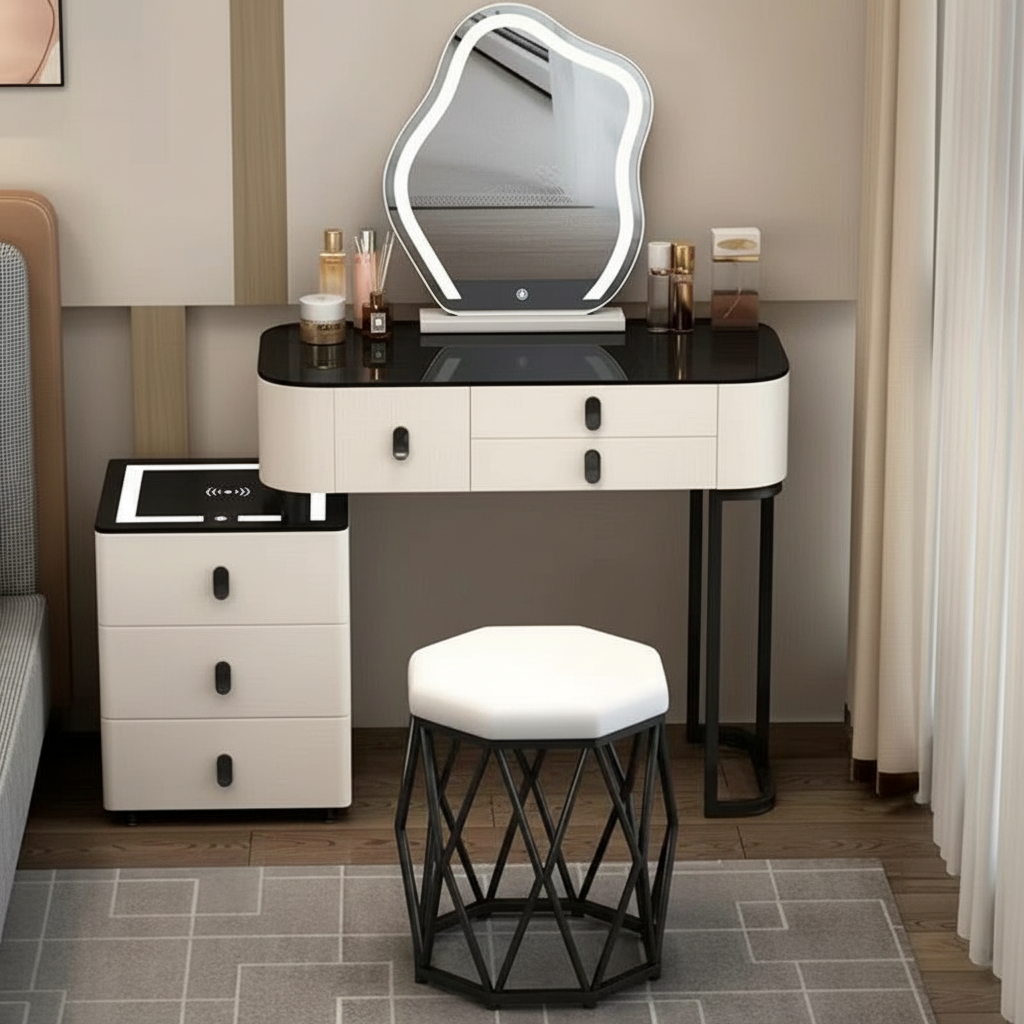 3-in-1-Schminktisch mit LED-Beleuchtung, kabelloser Ladefunktion und Bluetooth-Lautsprecher