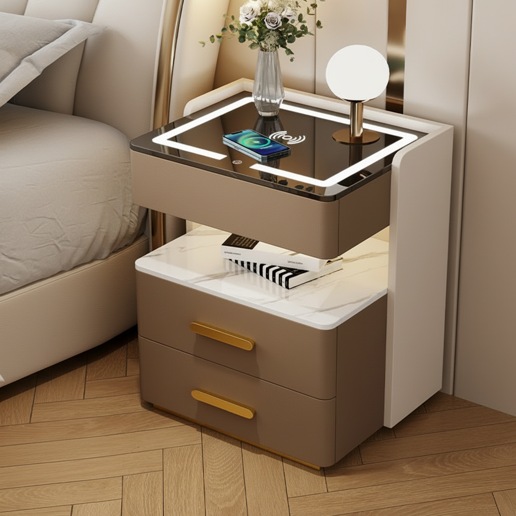 Velora Bedside Table with Wireless Charging, Bluetooth Speaker, LED Lighting, and Fingerprint Lock