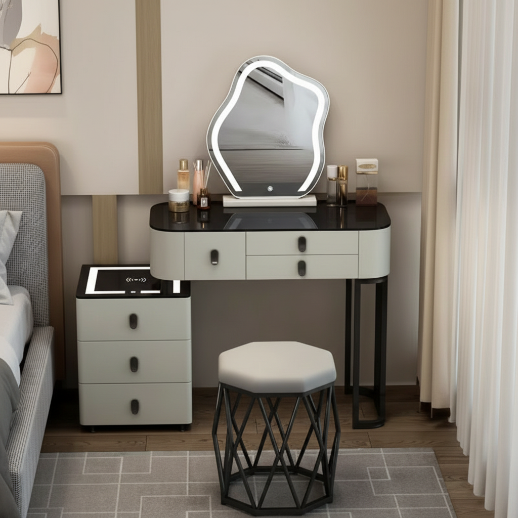 3-in-1-Schminktisch mit LED-Beleuchtung, kabelloser Ladefunktion und Bluetooth-Lautsprecher