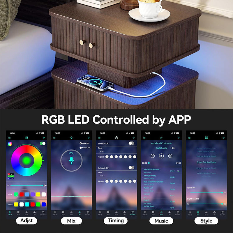 Klassischer Nachttisch aus Holz mit LED-Beleuchtung und USB-Anschlüssen