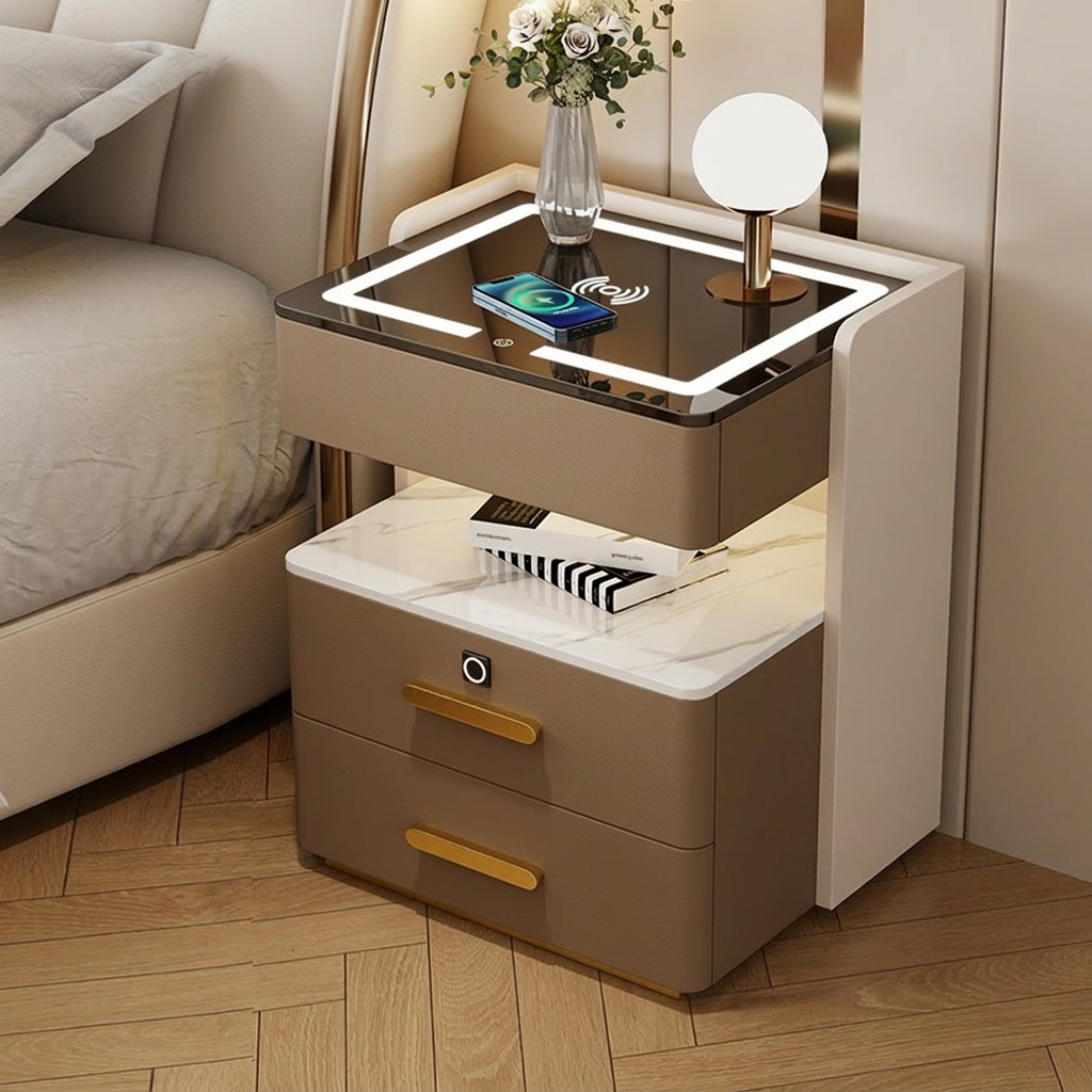 Velora Bedside Table with Wireless Charging, Bluetooth Speaker, LED Lighting, and Fingerprint Lock