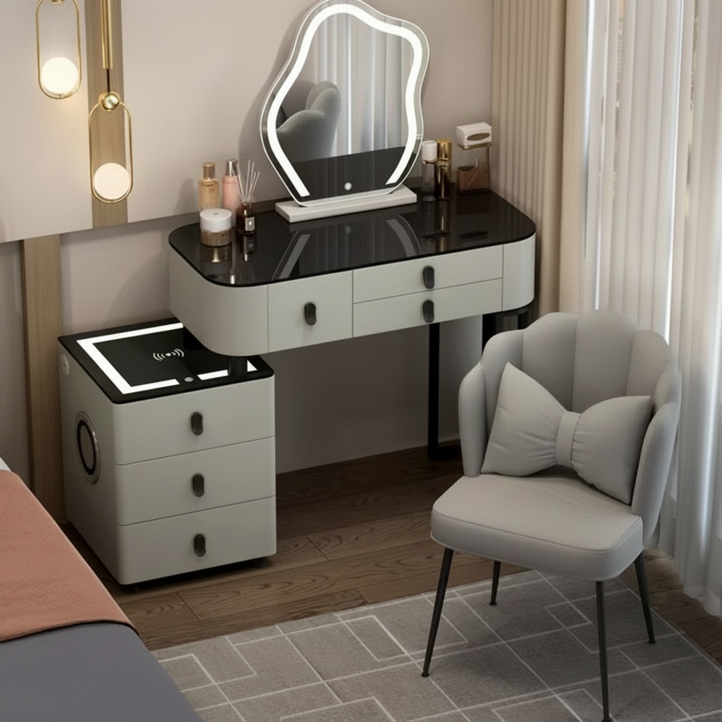 3-in-1-Schminktisch mit LED-Beleuchtung, kabelloser Ladefunktion und Bluetooth-Lautsprecher