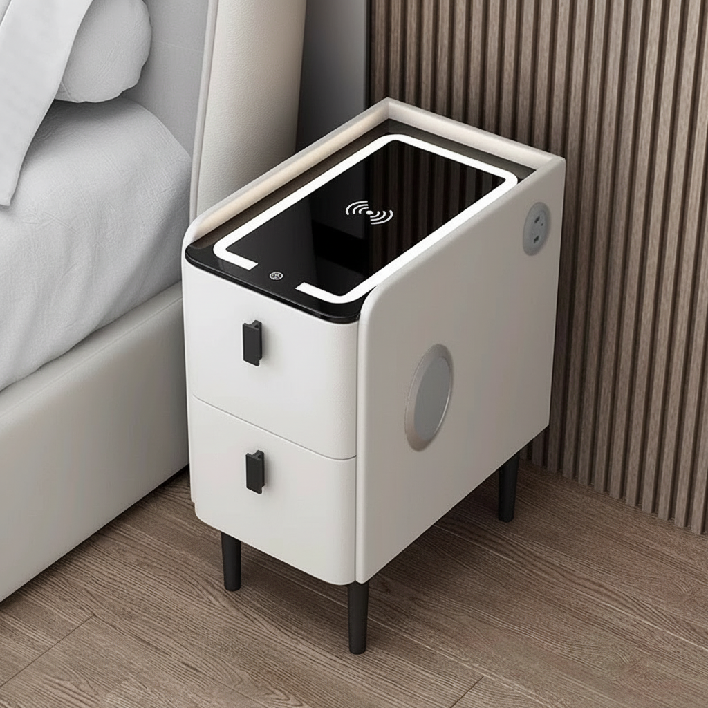 Nexo Nightstand with Wireless Charging, Bluetooth Speaker, LED Lighting, and Fingerprint Lock