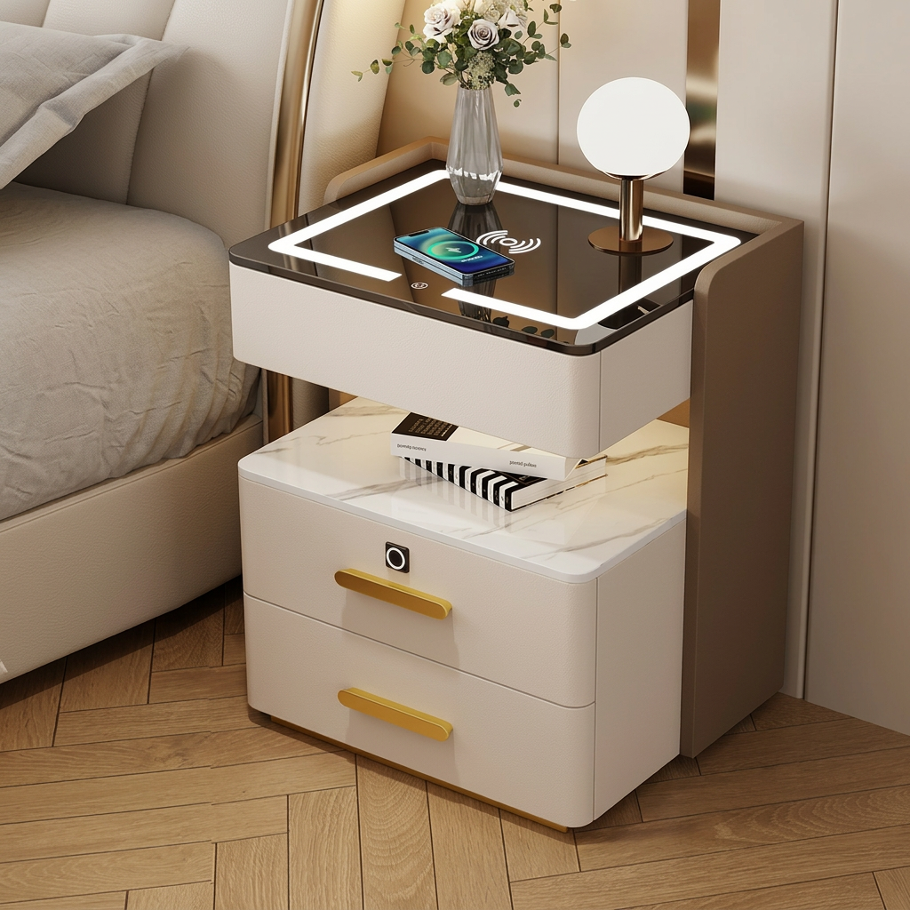 Velora Bedside Table with Wireless Charging, Bluetooth Speaker, LED Lighting, and Fingerprint Lock