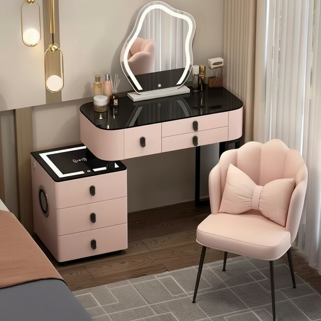 3-in-1-Schminktisch mit LED-Beleuchtung, kabelloser Ladefunktion und Bluetooth-Lautsprecher