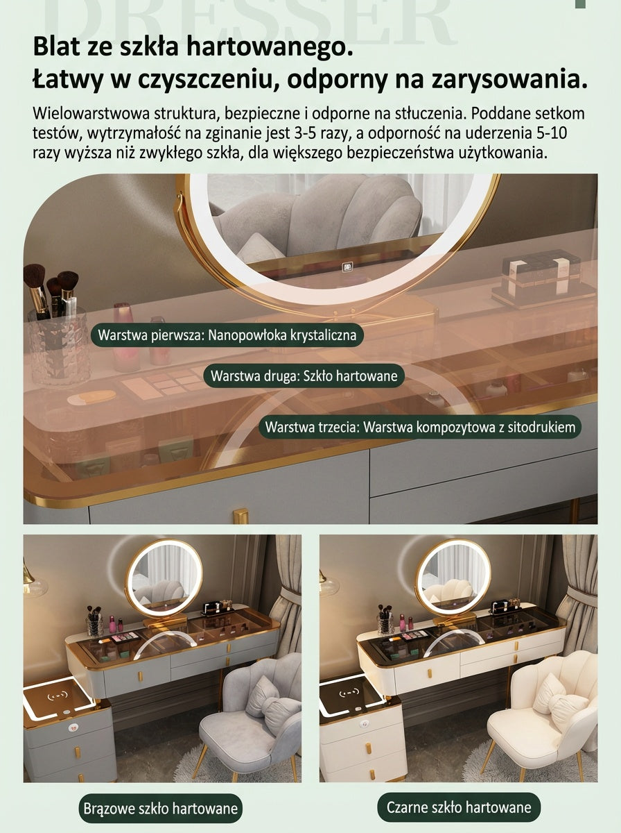3-in-1-Schminktisch mit LED-Beleuchtung, kabelloser Ladefunktion und Bluetooth-Lautsprecher
