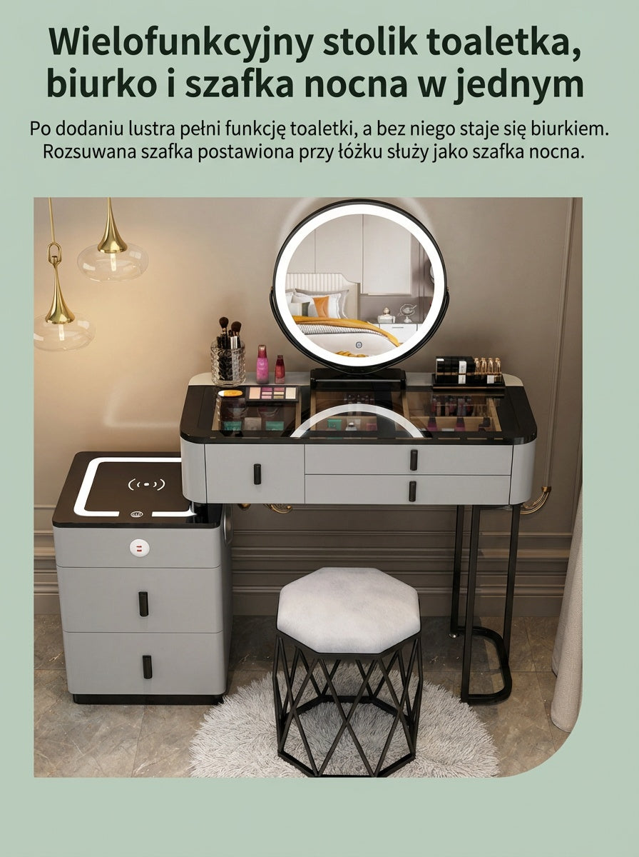 3-in-1-Schminktisch mit LED-Beleuchtung, kabelloser Ladefunktion und Bluetooth-Lautsprecher