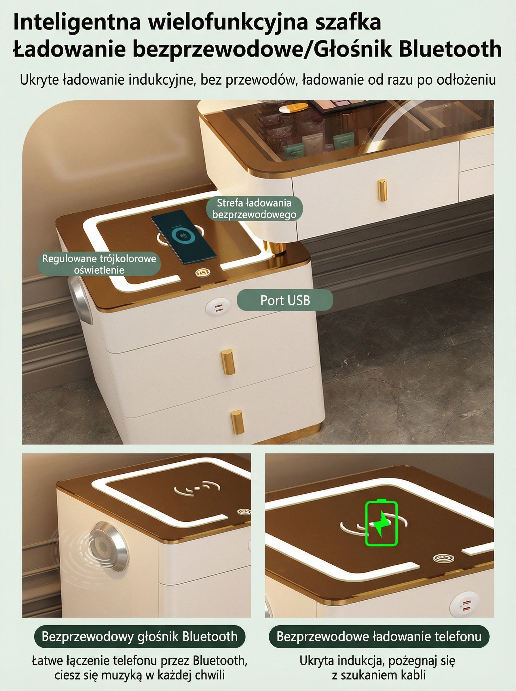 3-in-1-Schminktisch mit LED-Beleuchtung, kabelloser Ladefunktion und Bluetooth-Lautsprecher