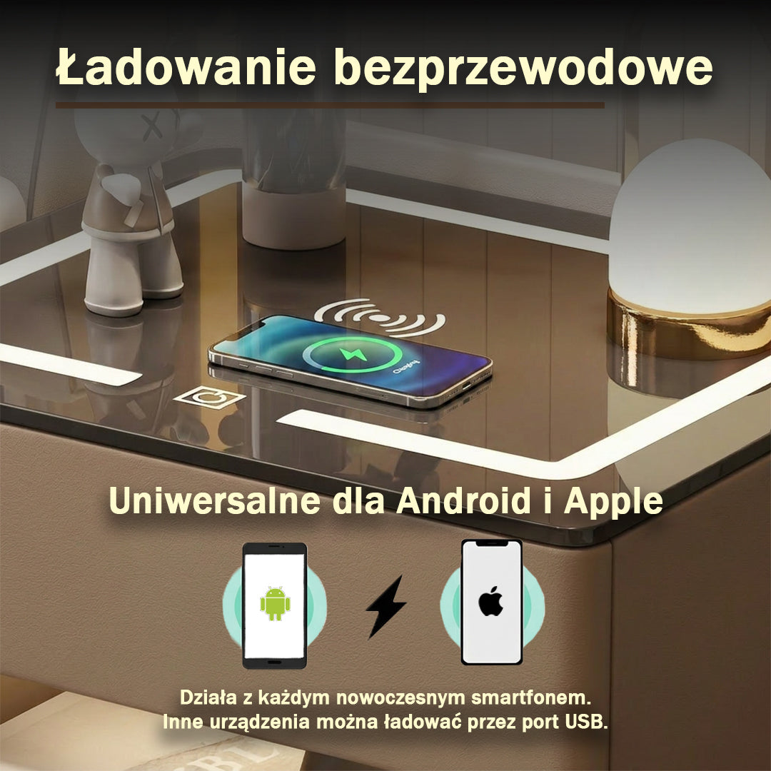 Nachttisch Velora mit kabellosem Laden, Bluetooth-Lautsprecher, LED-Beleuchtung und Fingerabdrucksperre