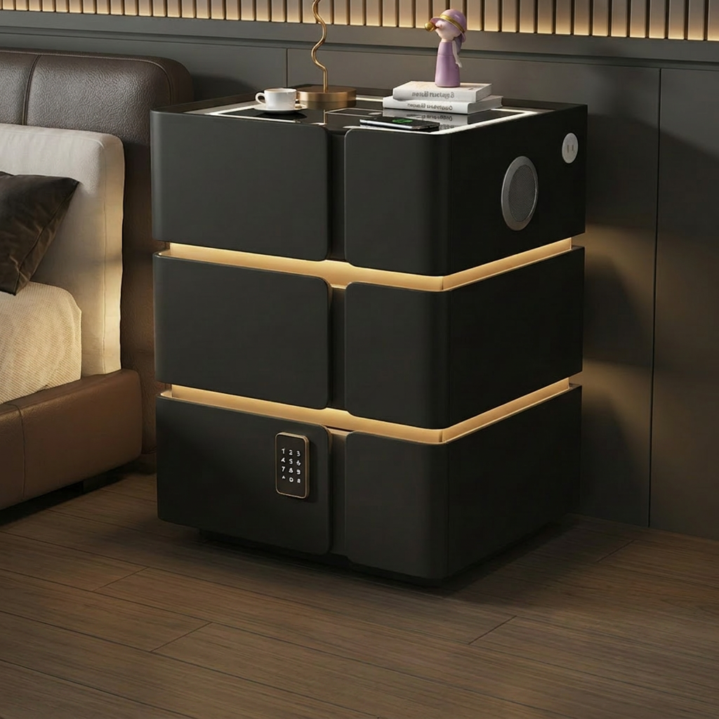 Soft Quad Nightstand with Wireless Charging, Bluetooth Speaker, LED Lighting, and PIN Lock