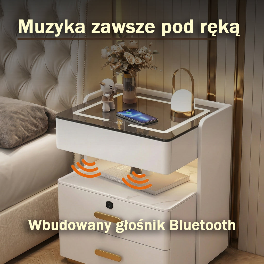 Nachttisch Velora mit kabellosem Laden, Bluetooth-Lautsprecher, LED-Beleuchtung und Fingerabdrucksperre