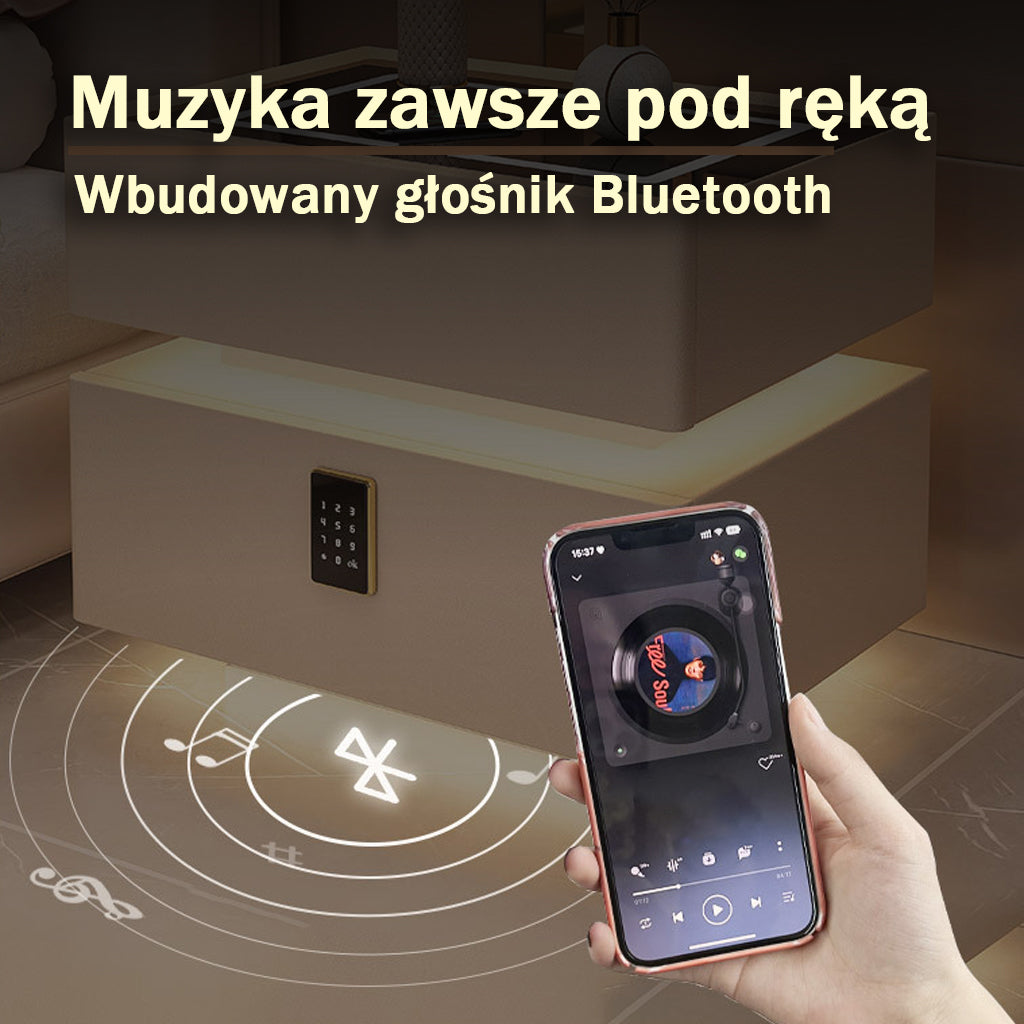Nachttisch Lumo mit kabellosem Laden, Bluetooth-Lautsprecher, LED-Beleuchtung und PIN-Sperre