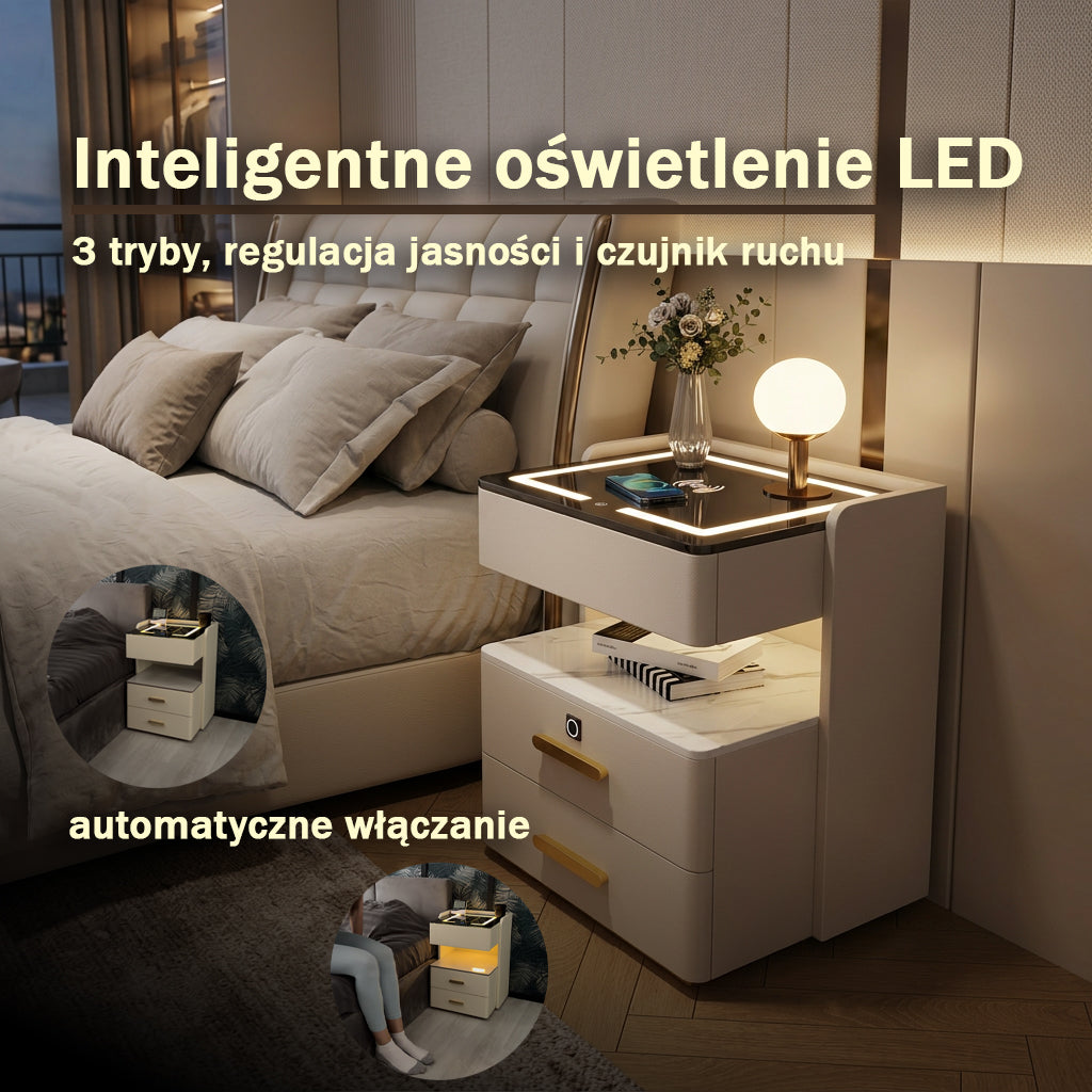 Nachttisch Velora mit kabellosem Laden, Bluetooth-Lautsprecher, LED-Beleuchtung und Fingerabdrucksperre