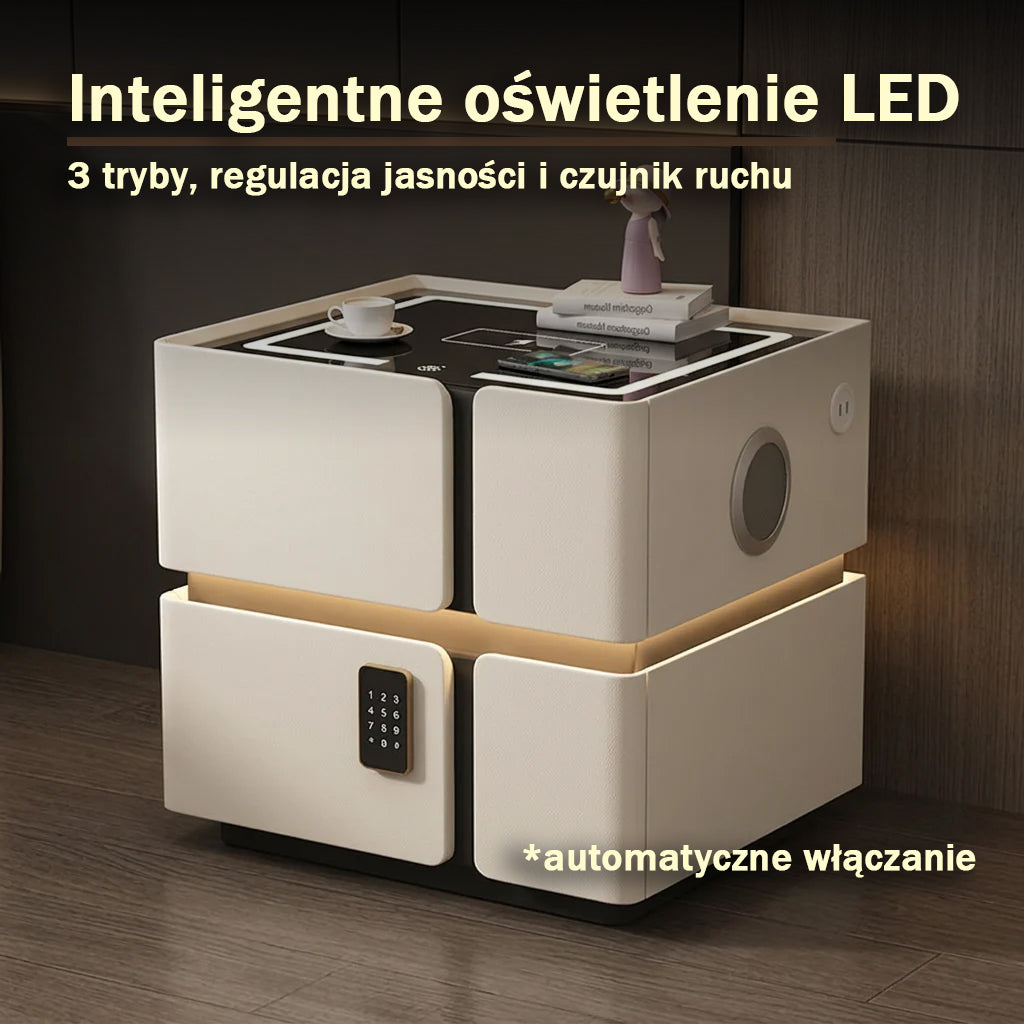 Soft Quad Bedside Table with Wireless Charging, Bluetooth Speaker, LED Lighting, and PIN Lock