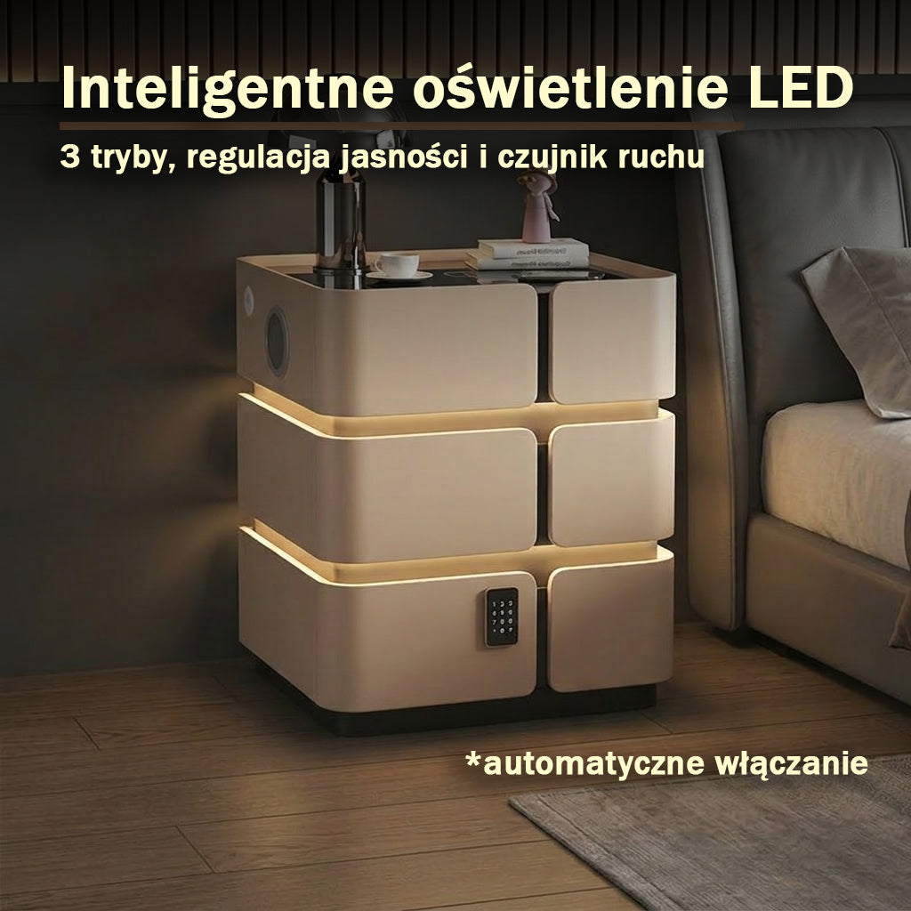 Soft Quad Nightstand with Wireless Charging, Bluetooth Speaker, LED Lighting, and PIN Lock