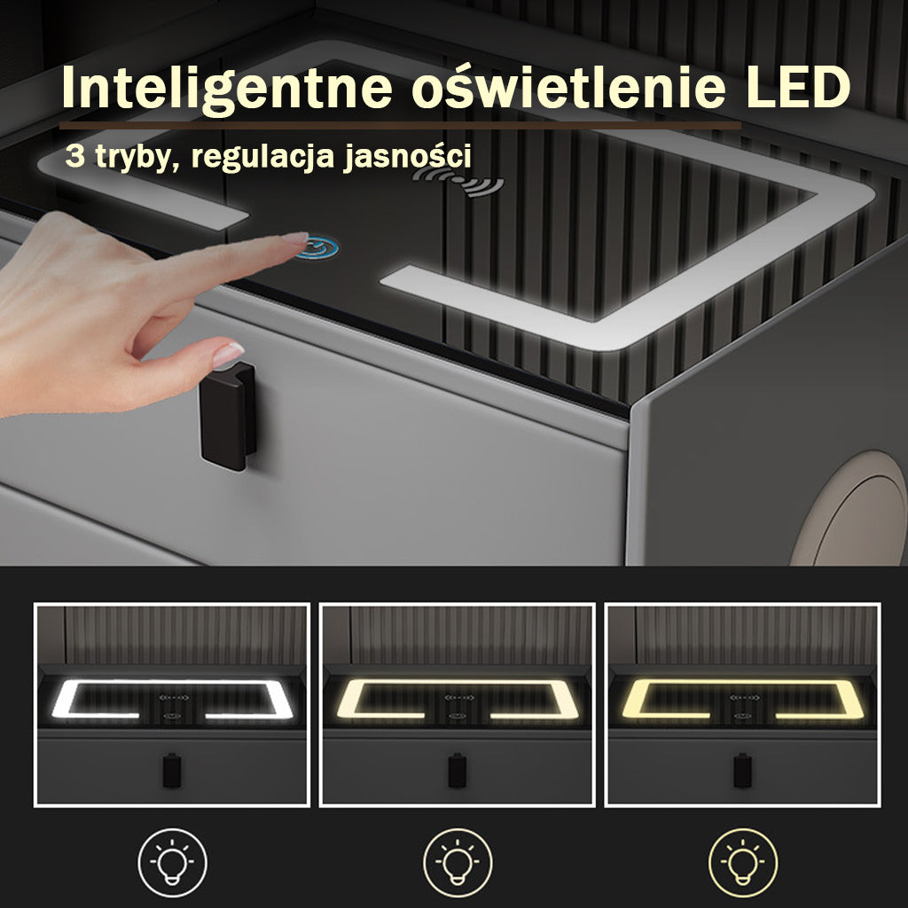 Nexo Nightstand with Wireless Charging, Bluetooth Speaker, LED Lighting, and Fingerprint Lock