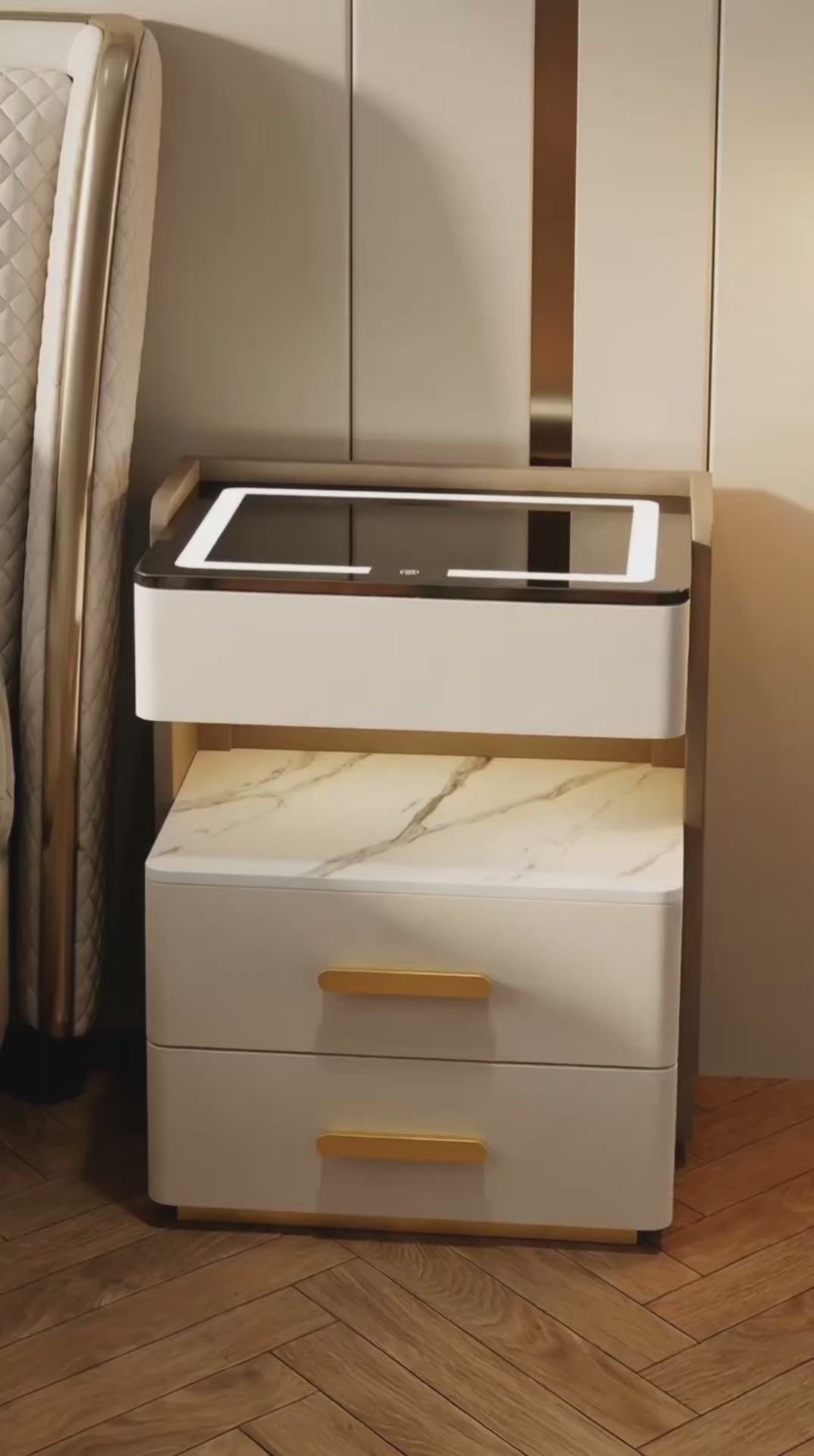 Velora Bedside Table with Wireless Charging, Bluetooth Speaker, LED Lighting, and Fingerprint Lock